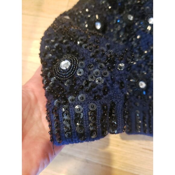 Vintage M M Kriza Beaded Jacket Cardigan Sweater Sequins Navy 100% Wool Size S - Picture 2 of 16